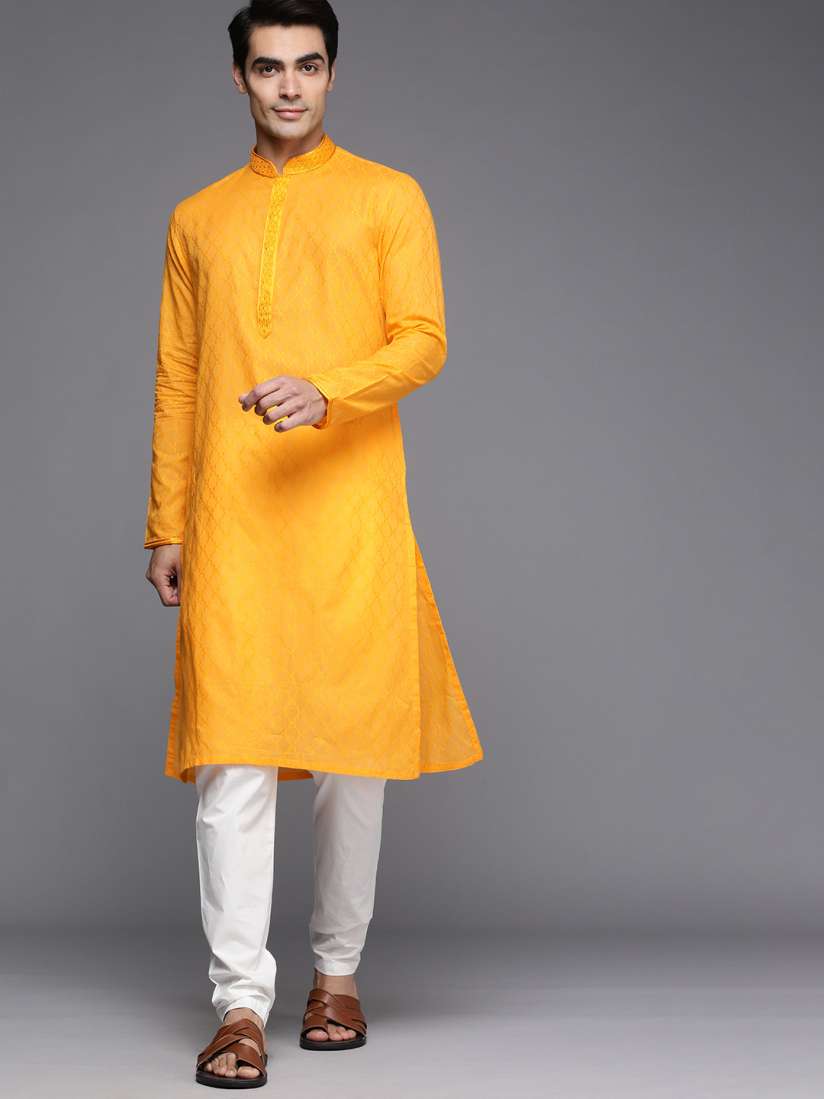 Buy Manyavar Men Mustard Yellow Woven Design Kurta with Churidar Kurta Sets for Men 19886928 Myntra