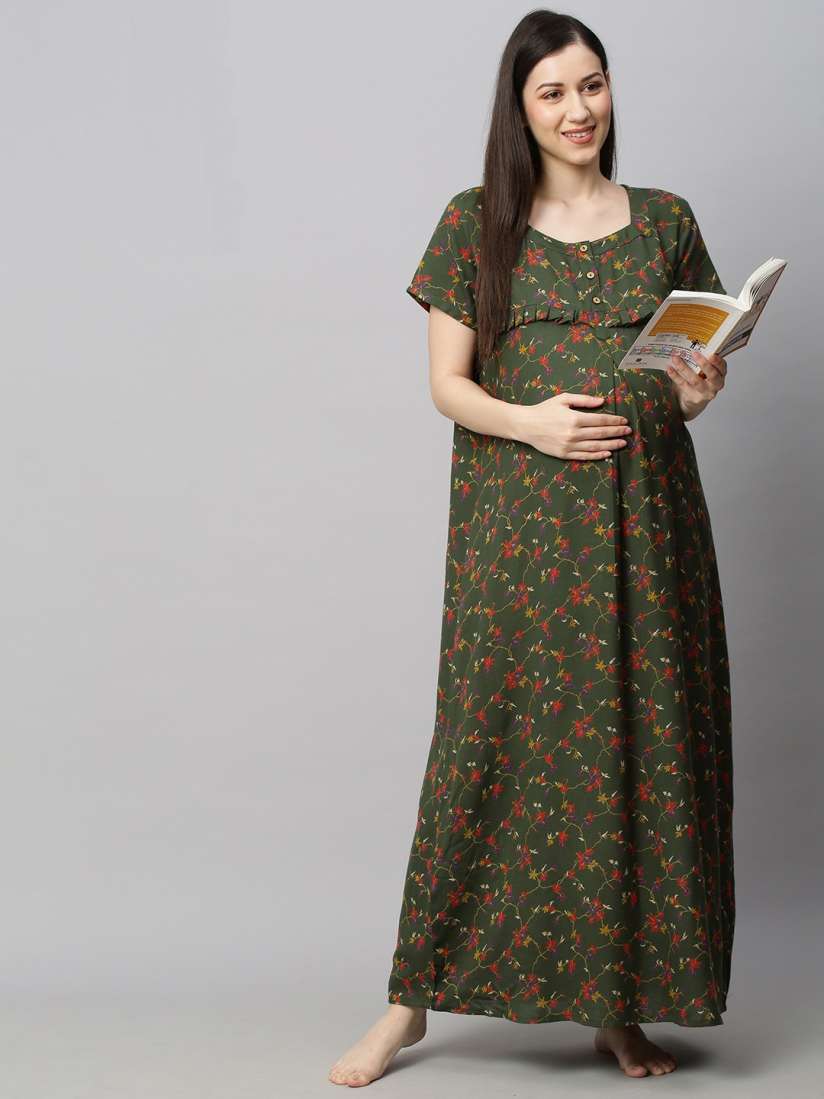 Buy MomToBe Green Printed Maxi Maternity Sustainable Nightdress Nightdress for Women 19889238 Myntra