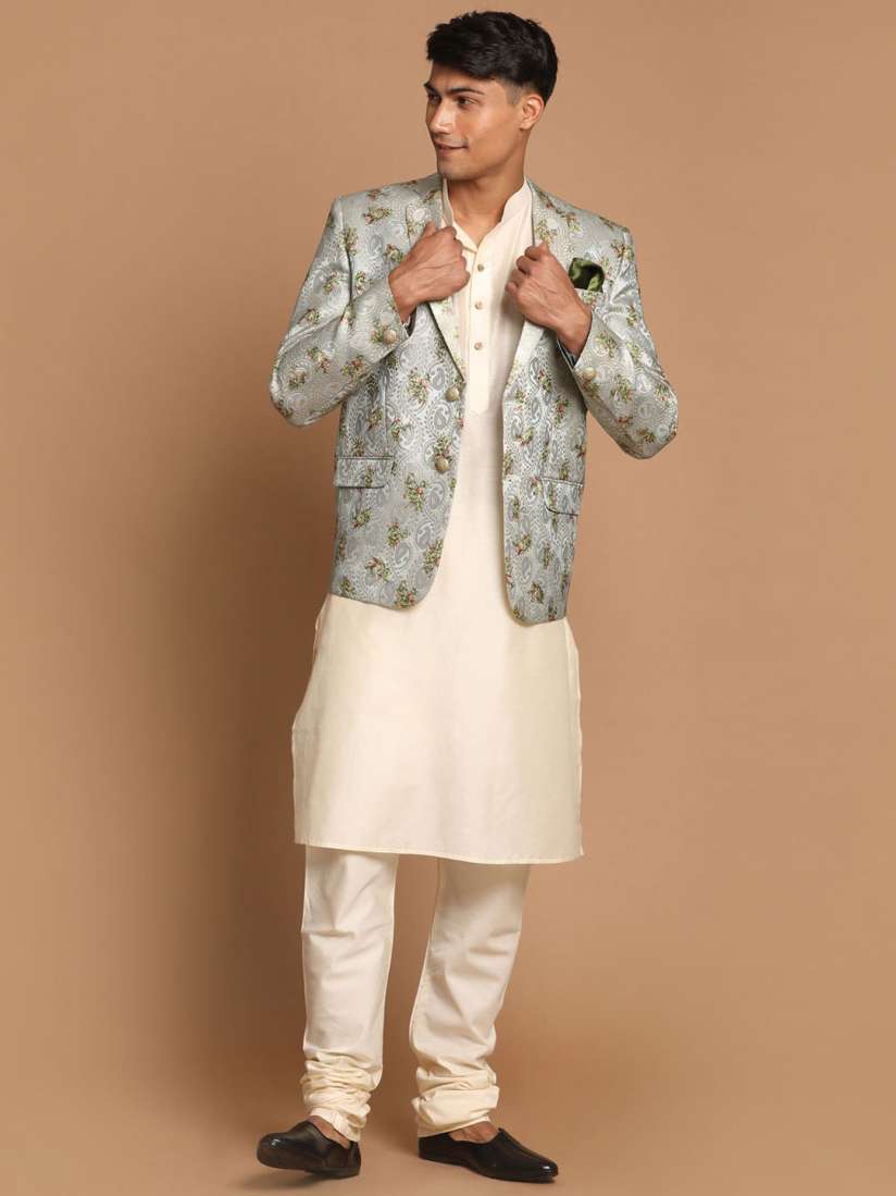 Buy VASTRAMAY Men Cream Coloured Kurta With Pyjamas With Woven Design Blazer Kurta Sets for Men 19902564 Myntra