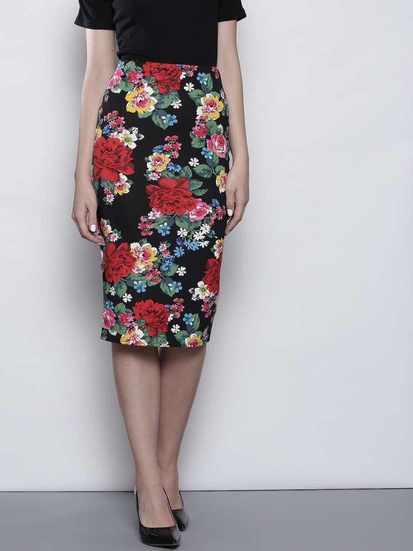 Red floral midi pencil skirt sales