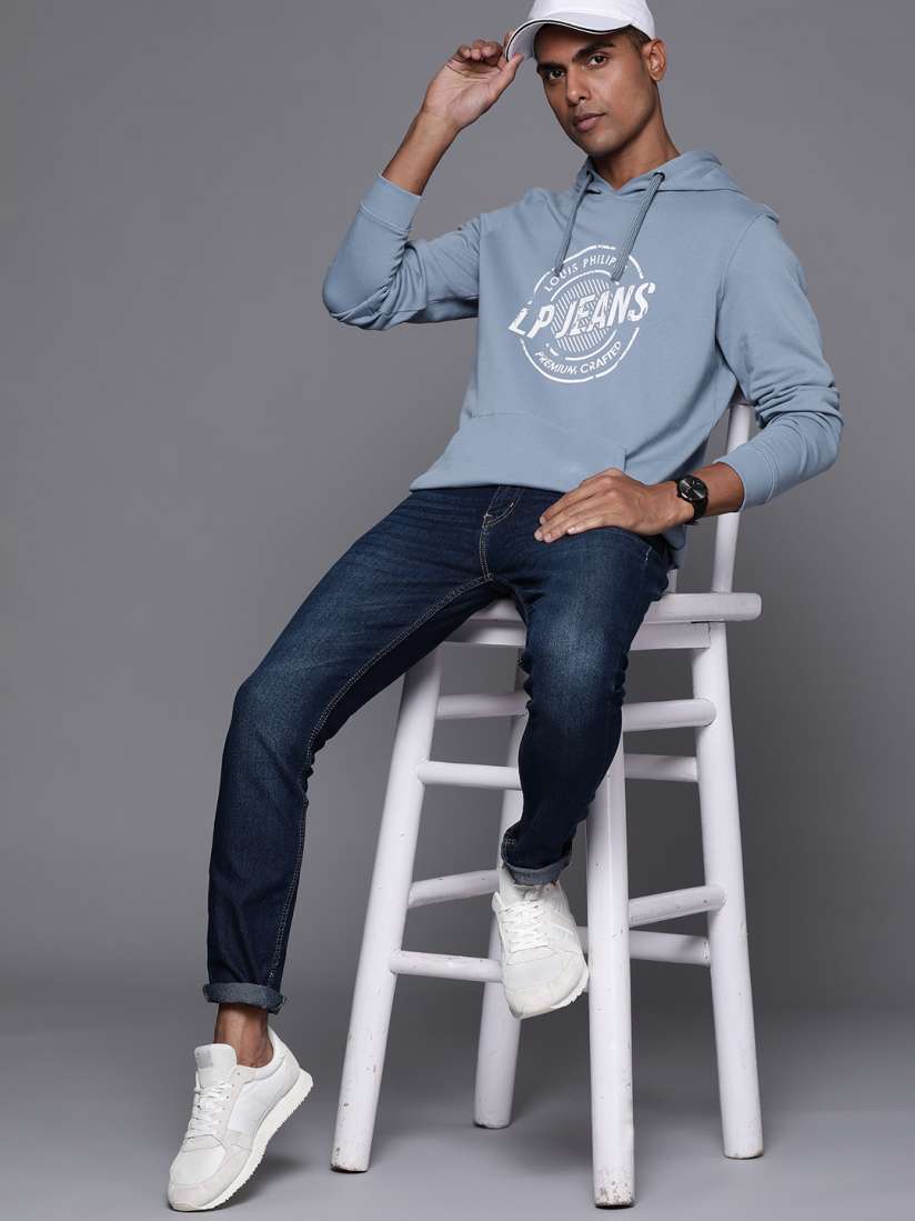 Buy Louis Philippe Jeans Men Blue White Printed Cotton Hooded Sweatshirt Sweatshirts for Men 19931732 Myntra