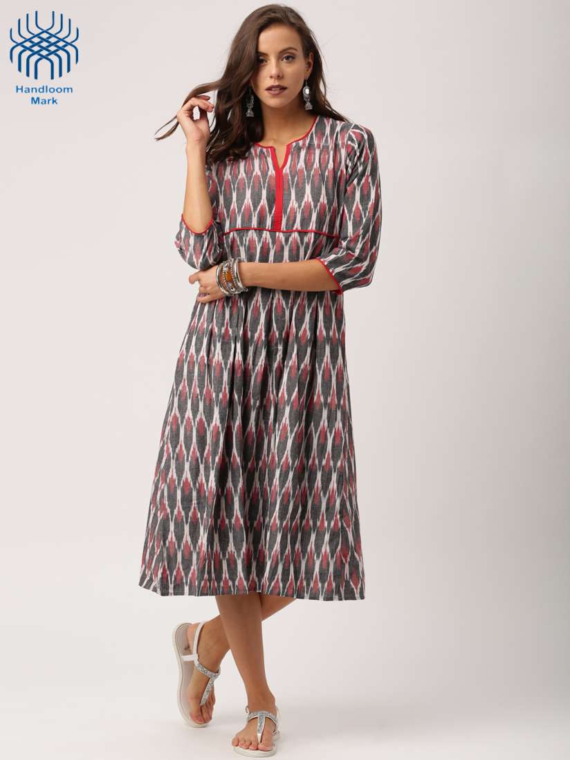 Buy IndusDiva Loomnic Women Grey Red Pochampally Handloom Ikat A Line Dress Dresses for Women 1993201 Myntra