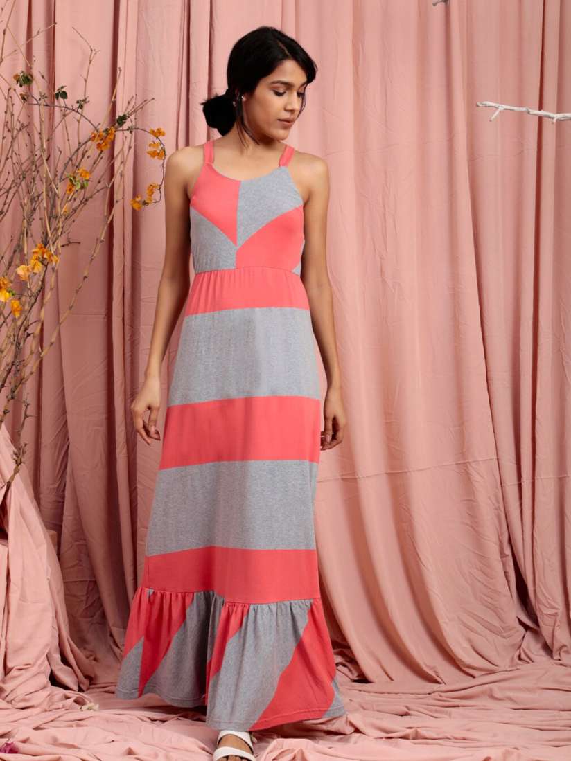 Buy Lake Peace Women Grey And Coral Striped Shoulder Straps Organic Cotton Maxi Dress Dresses for Women 19933116 Myntra