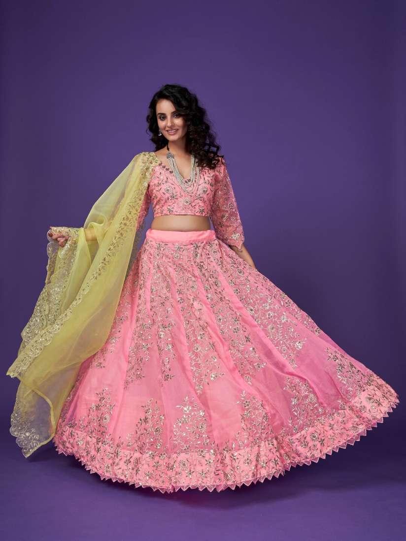 Buy SHOPGARB Pink Green Sequins Embroidered Organza Wedding Lehenga Choli Lehenga Choli for Women 19949186 Myntra