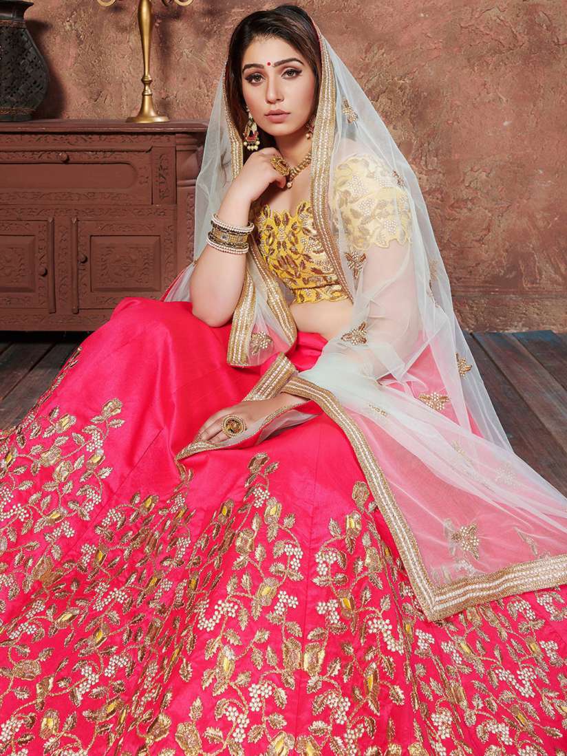 Buy FABPIXEL Pink Yellow Embroidered Bridal Lehenga Choli Set With Dupatta Lehenga Choli for Women 19957274 Myntra