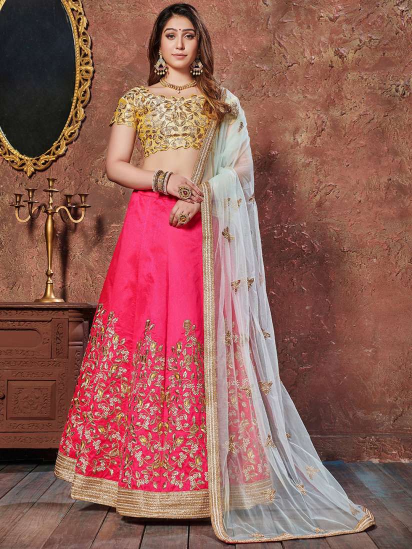 Buy FABPIXEL Pink Yellow Embroidered Bridal Lehenga Choli Set With Dupatta Lehenga Choli for Women 19957274 Myntra