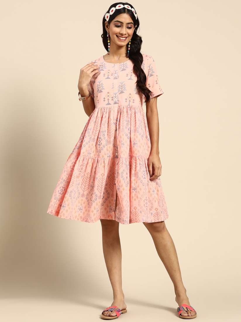 Buy Sangria Peach Coloured Blue Ethnic Motifs Ethnic A Line Dress Ethnic Dresses for Women 19973044 Myntra