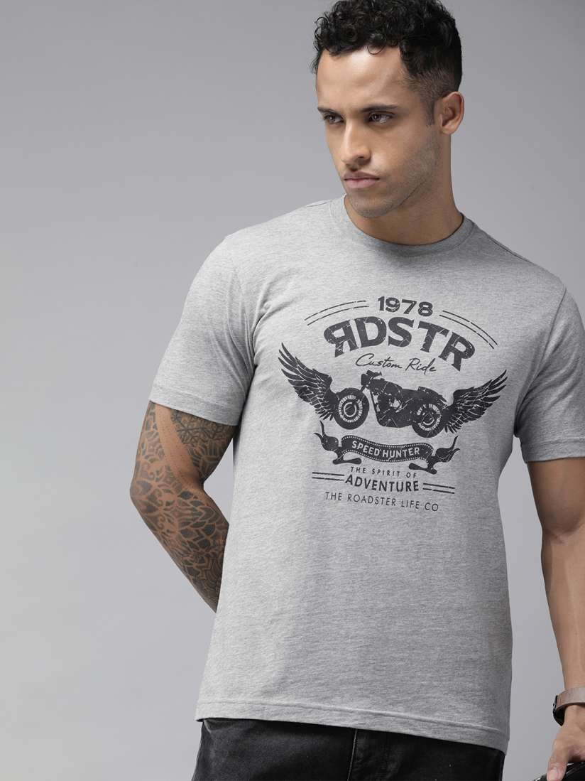 Buy Roadster Men Grey Melange Black Brand Logo Printed T shirt Tshirts for Men 19997786 Myntra