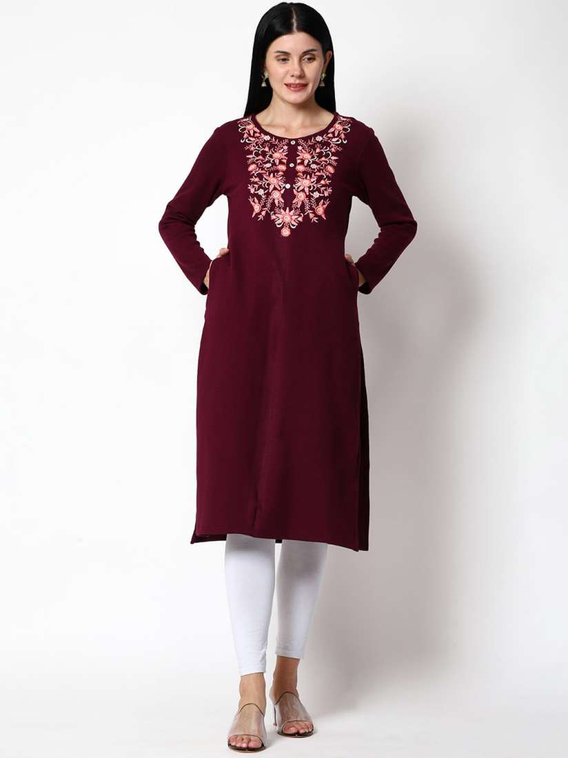 Buy SHEREEN Women Purple Ethnic Embroidered Straight Woolen Kurta Kurtas for Women 20012650 Myntra