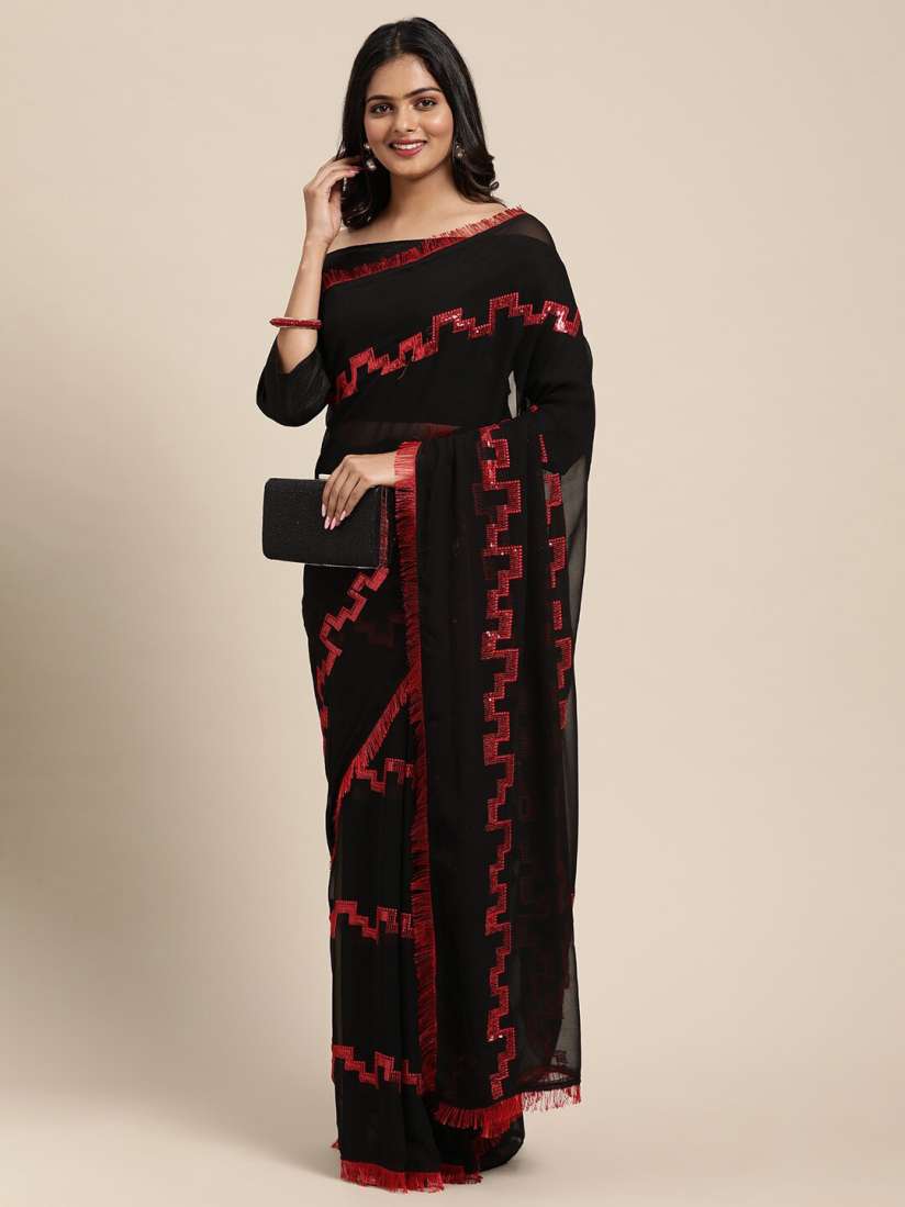 Buy Sangria Black Red Embellished Sequinned Pure Georgette Heavy Work Saree Sarees for Women 20021082 Myntra