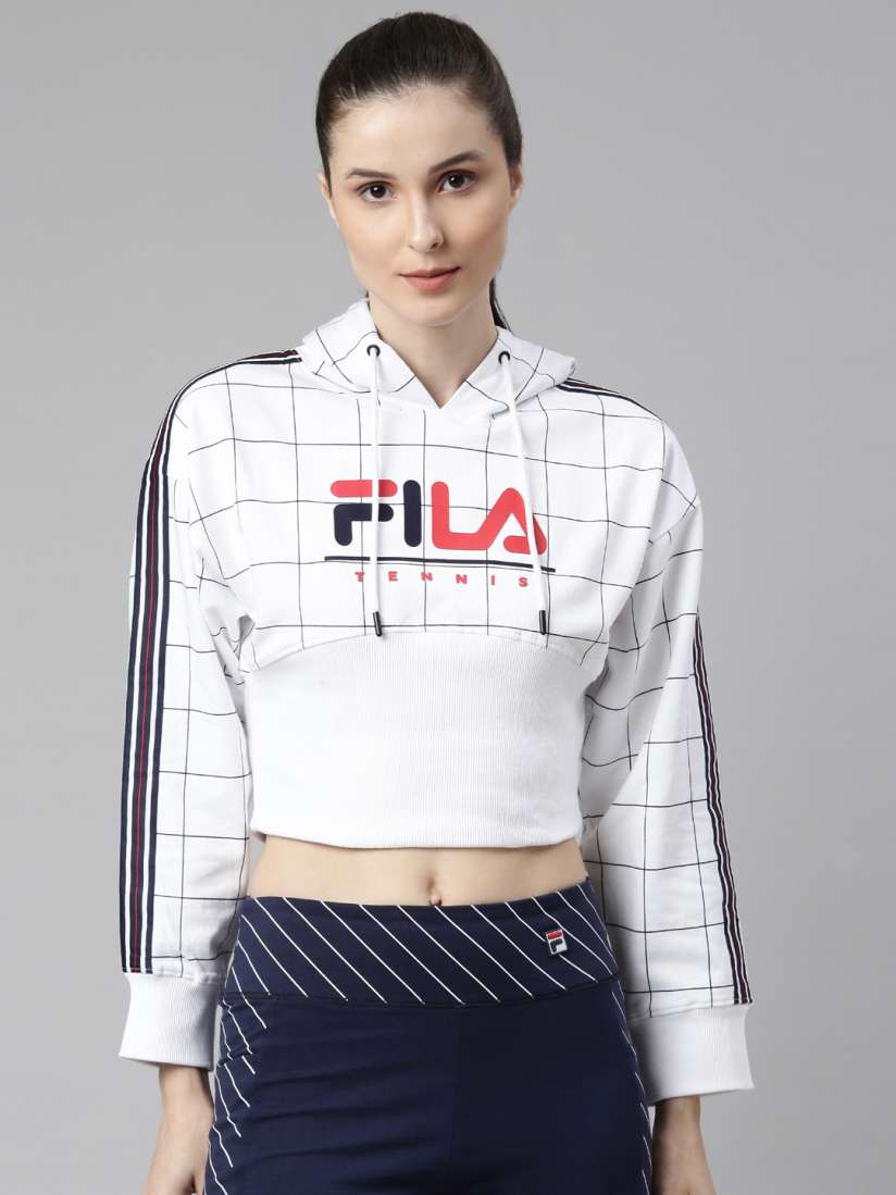 Buy FILA Women White Checked Hooded Cotton Sweatshirt Sweatshirts for Women 20022584 Myntra