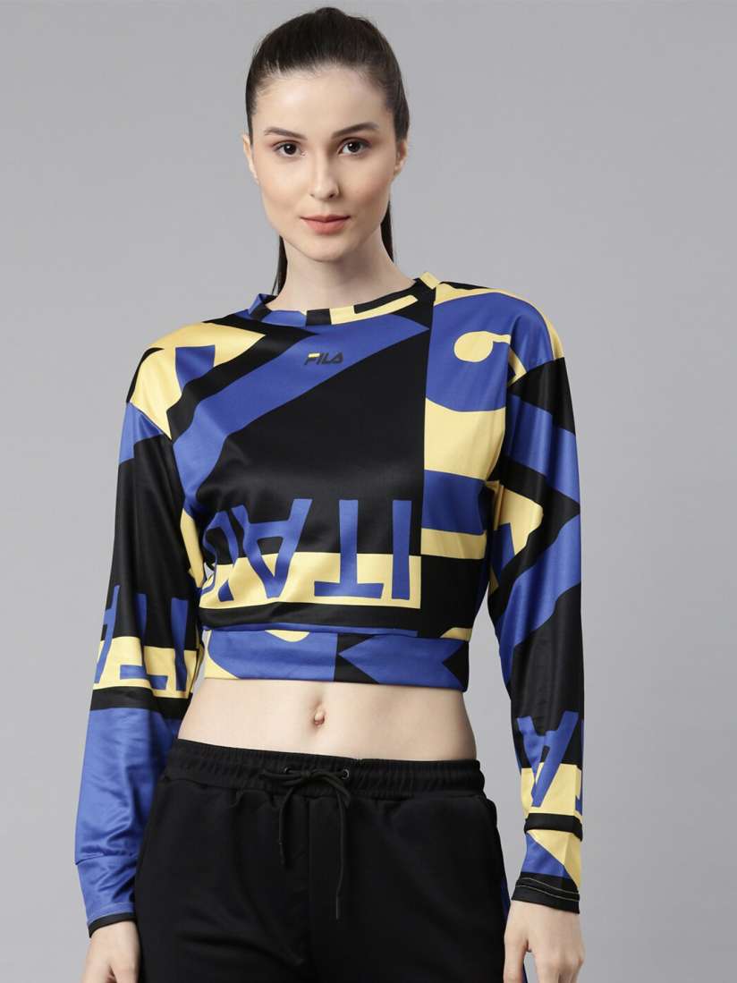 Buy FILA Blue Black Abstract Print Crop Long Sleeves Top Tops for Women 20022888 Myntra