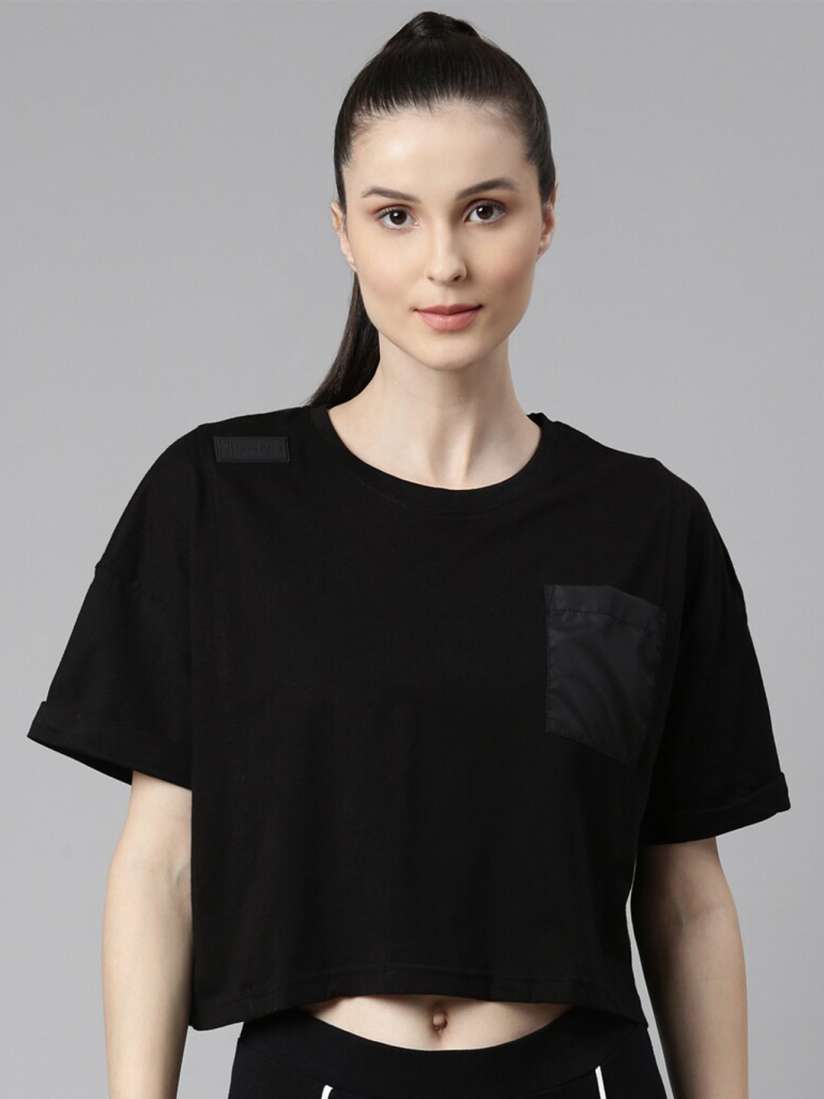 Buy FILA Women Black Drop Shoulder Sleeves Organic Cotton T shirt Tshirts for Women 20023328 Myntra