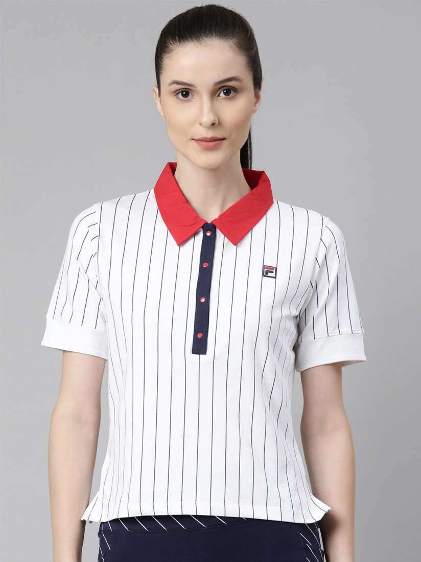 Buy FILA Women White Striped Polo Collar Extended Sleeves Organic Cotton Applique T shirt Tshirts for Women 20023362 Myntra