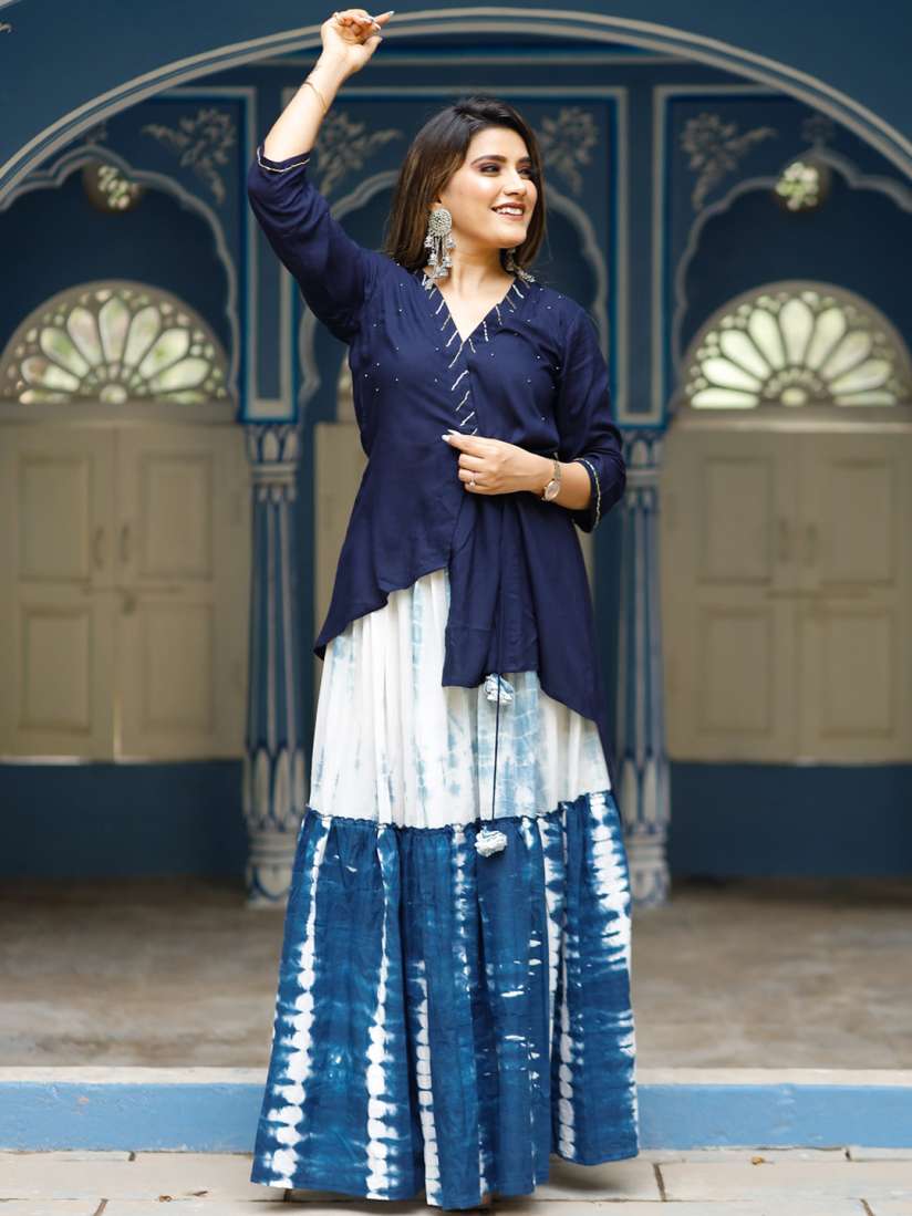 Buy Thread Button Women Navy Blue Bandhani Angrakha Kurti with Skirt Kurta Sets for Women 20027046 Myntra