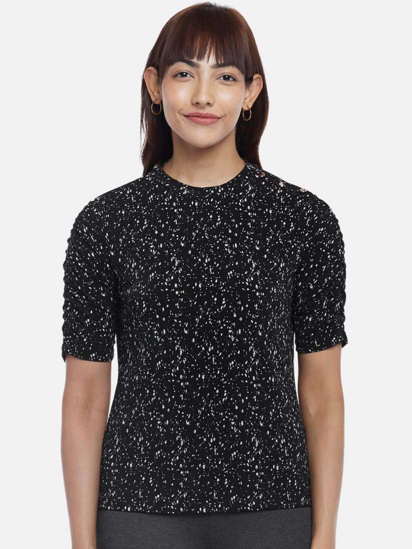 Buy Annabelle by Pantaloons Women Black Abstract Print Ruched Sleeves Top Tops for Women 20040162 Myntra