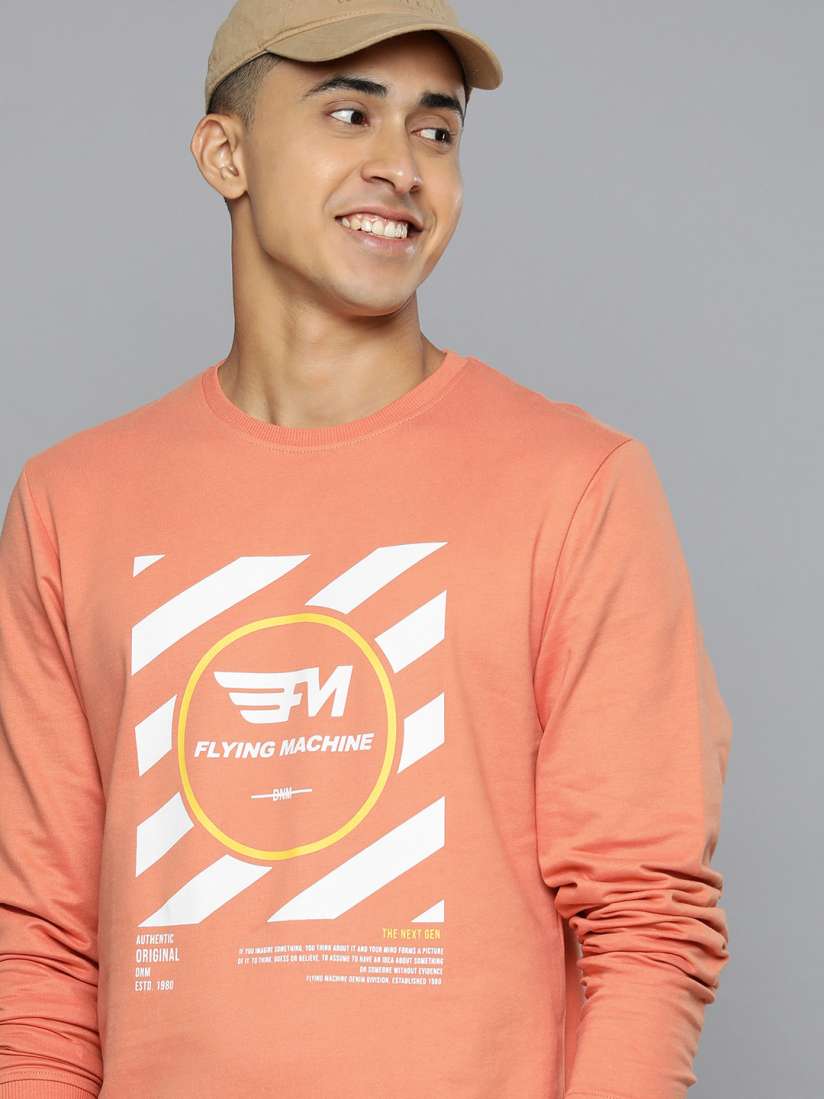 Buy Flying Machine Men Coral Orange Brand Logo Print Knitted Pure Cotton Sweatshirt Sweatshirts for Men 20043542 Myntra