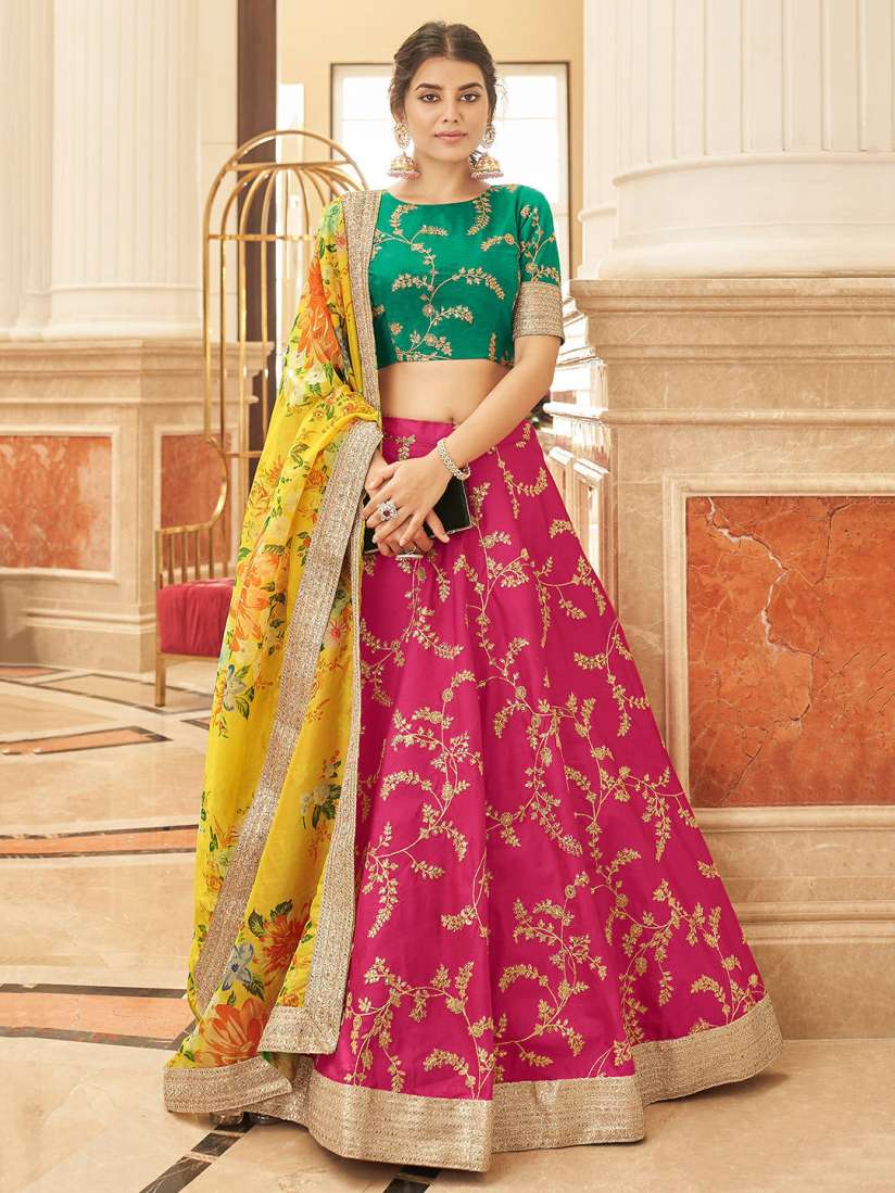 Buy FABPIXEL Pink Yellow Embroidered Semi Stitched Lehenga Unstitched Blouse With Dupatta Lehenga Choli for Women 20057442 Myntra