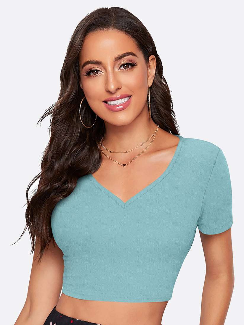 Buy LONDON BELLY V Neck Short Sleeves Fitted Crop Top Tops for Women 20068736 Myntra