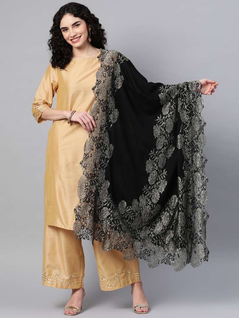 Buy MODARTA Women Black Woven Design Lace Border Shawl Shawl for Women 20072814 Myntra