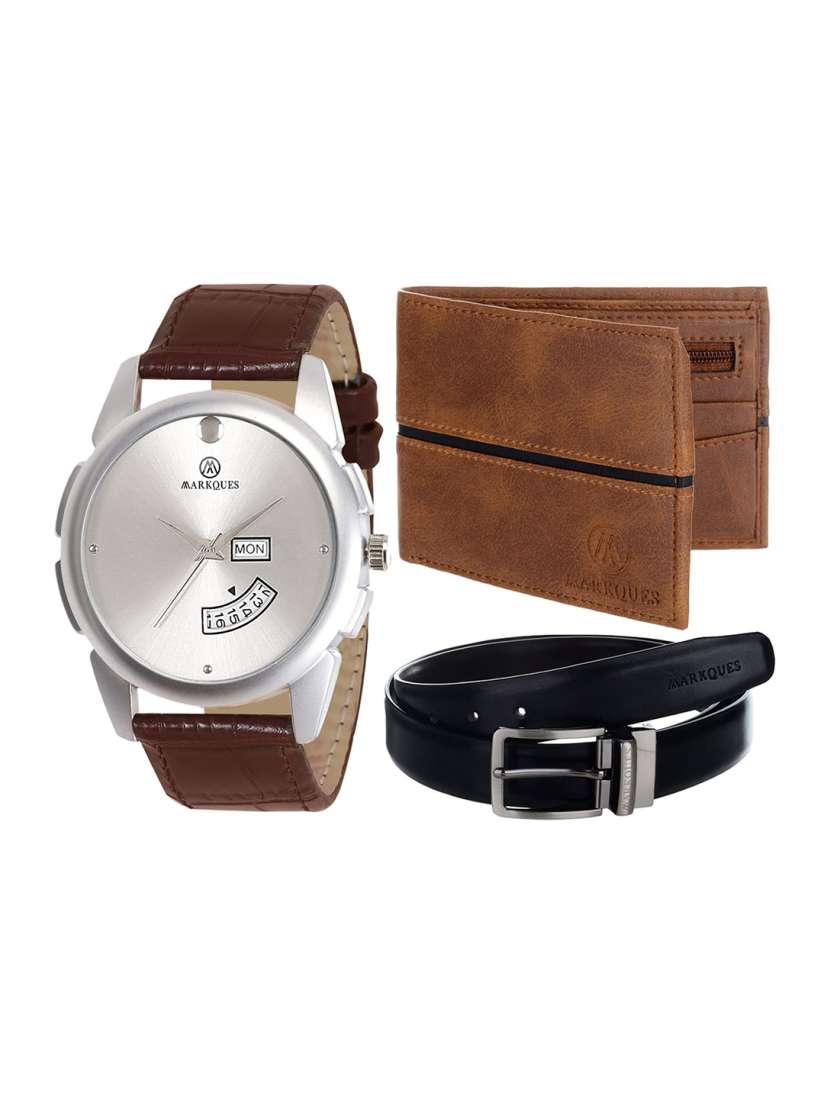 Buy MARKQUES Men Brown Solid Watch Belt and Wallet Combo Accessory Gift Set Accessory Gift Set for Men 20086890 Myntra