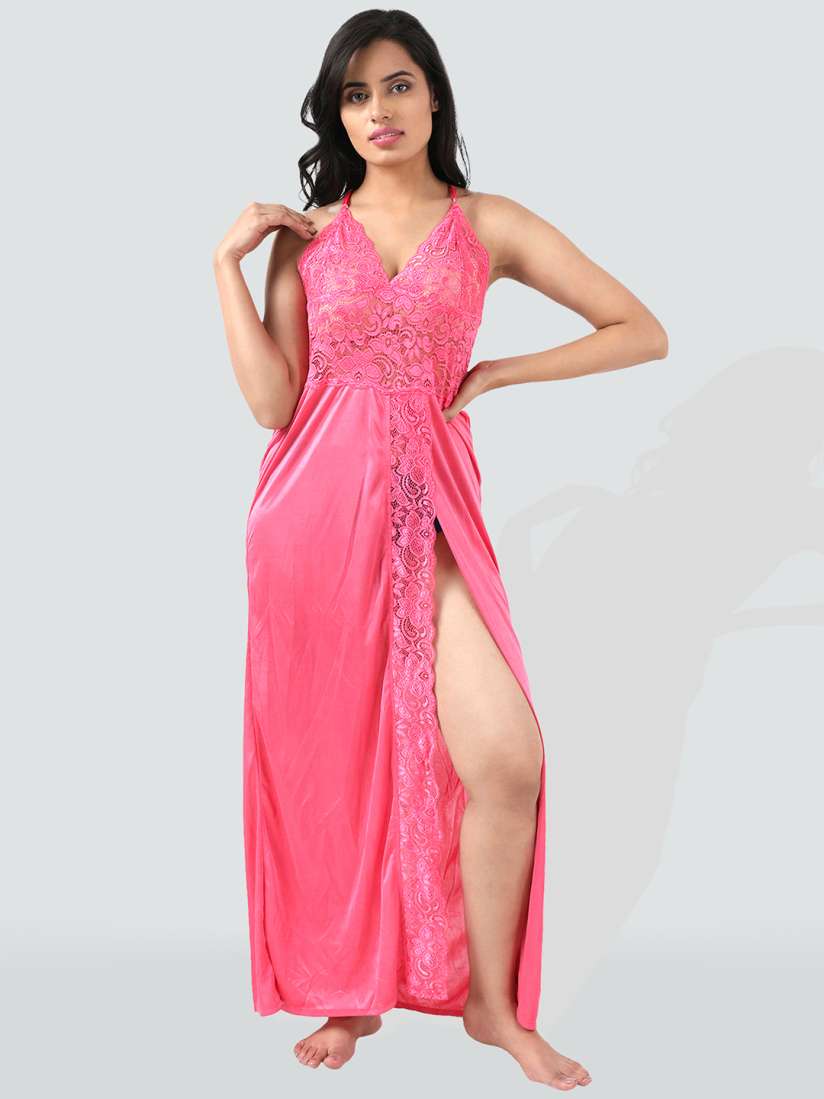 Buy Romaisa Pink Satin Maxi Nightdress Nightdress for Women 20090620 Myntra
