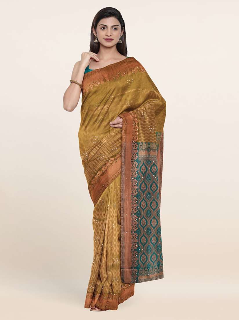 Buy Pothys Green Tan Woven Design Beads And Stones Pure Silk Saree Sarees for Women 20098124 Myntra