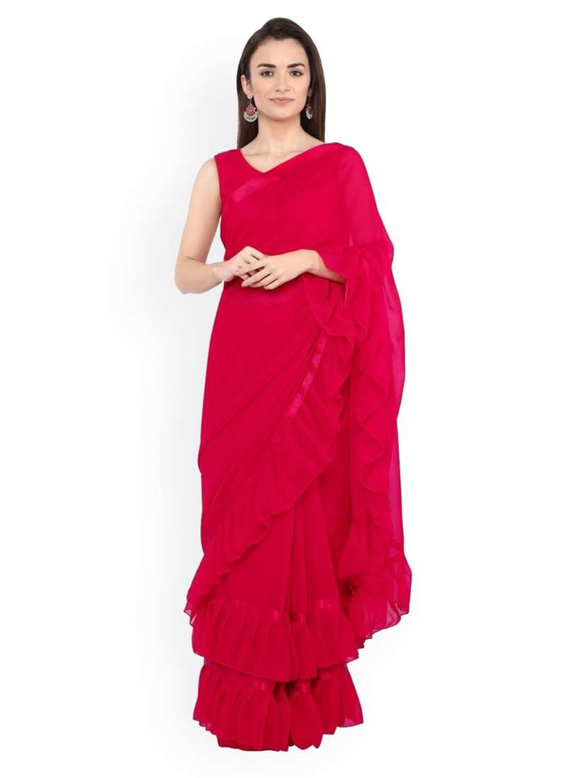 Buy CLOMITA Red Solid Georgette Ruffled Saree Sarees for Women 20107412 Myntra