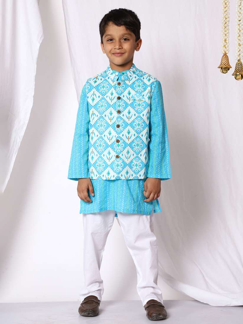 Buy Ka mee Boys Blue Floral Printed Pure Cotton Kurta with Pyjamas Kurta Sets for Boys 20111514 Myntra