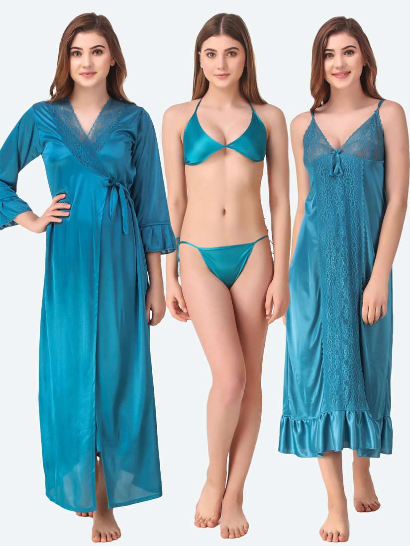 Buy Romaisa Blue Maxi Satin Solid Nightwear Set Nightdress for Women 20112762 Myntra