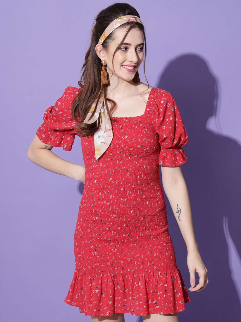 Buy Trend Arrest Red Floral Printed Ruched Bodycon Dress Dresses for Women 20117610 Myntra
