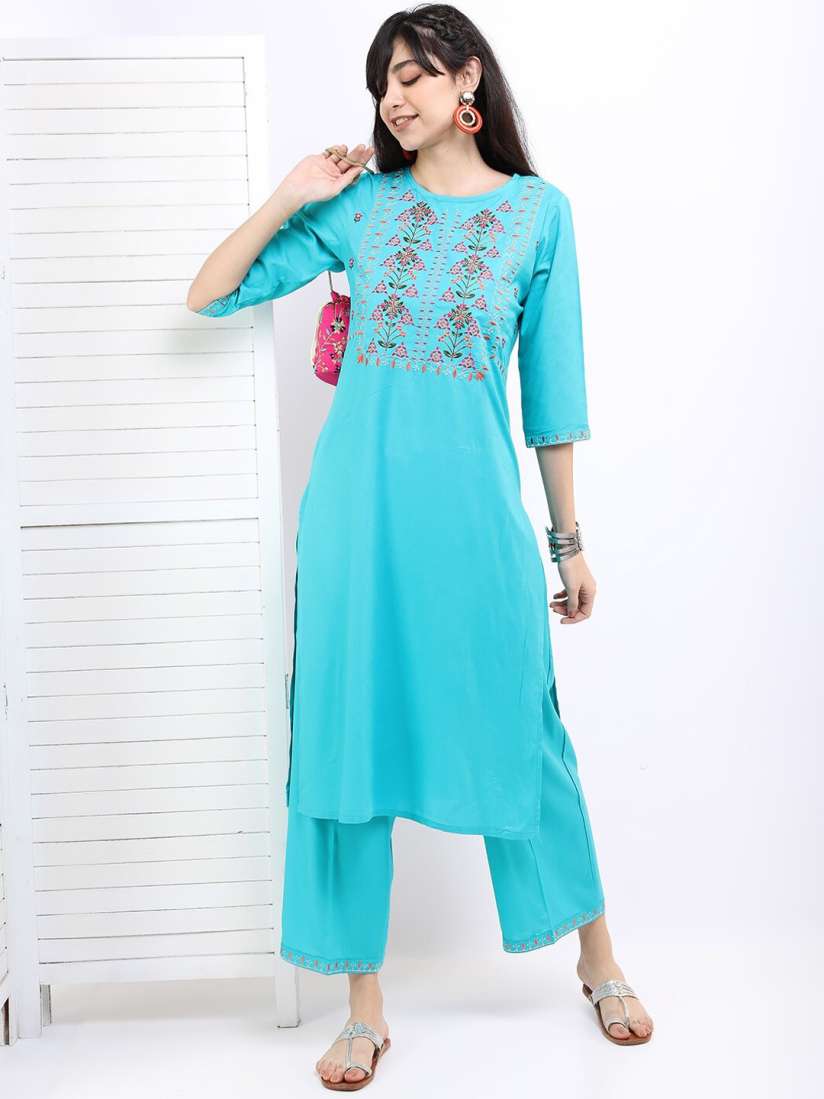 Buy Vishudh Women Turquoise Blue Floral Embroidered Thread Work Kurta with Palazzo Kurta Sets for Women 20120510 Myntra