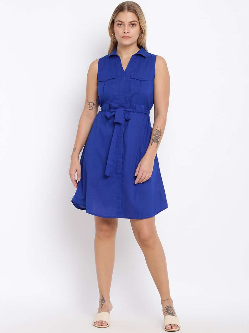 Buy abof Women Blue Solid Spread Collar Cotton Shirt Style Dress