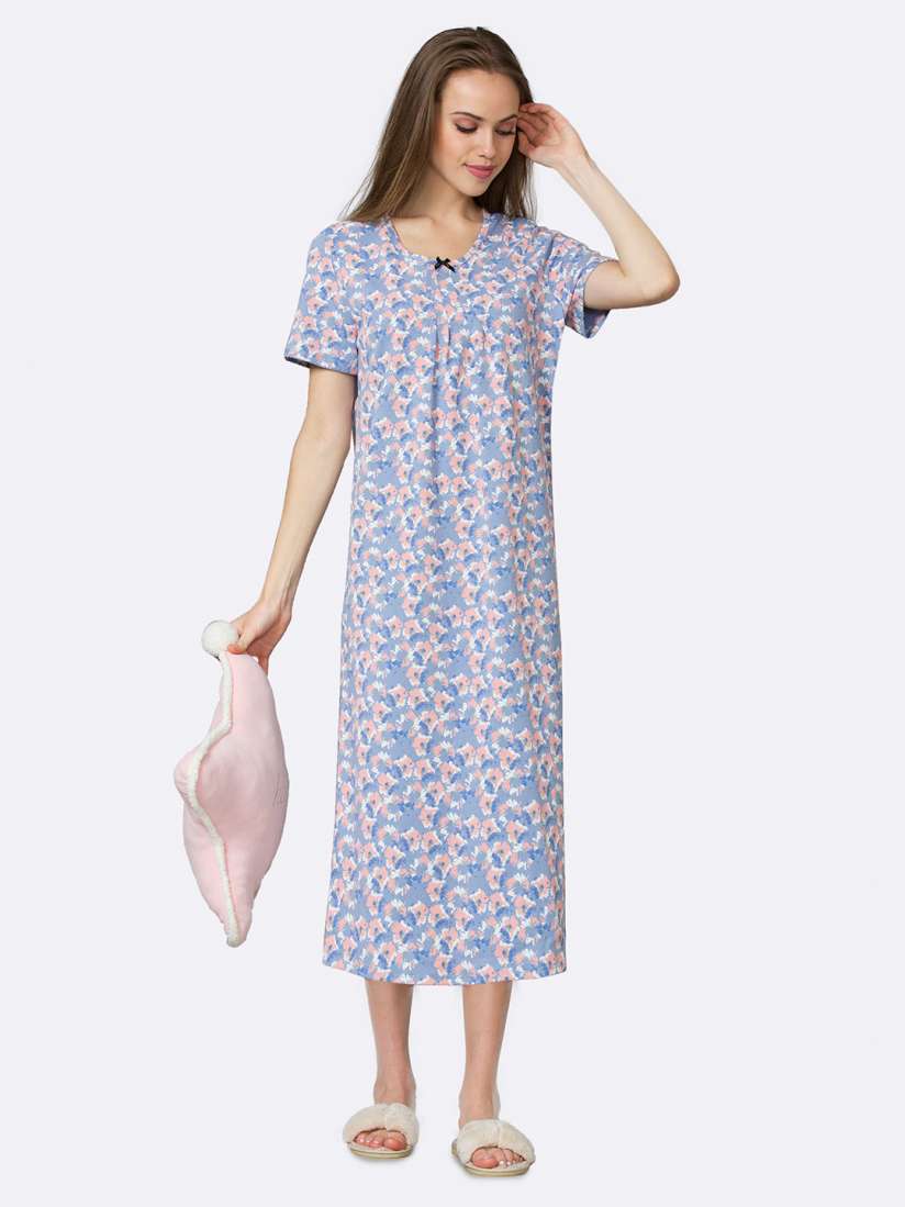 Buy Van Heusen Plus Size Blue Printed Pure Cotton Lounge Night Gown Nightdress for Women 20130496 Myntra