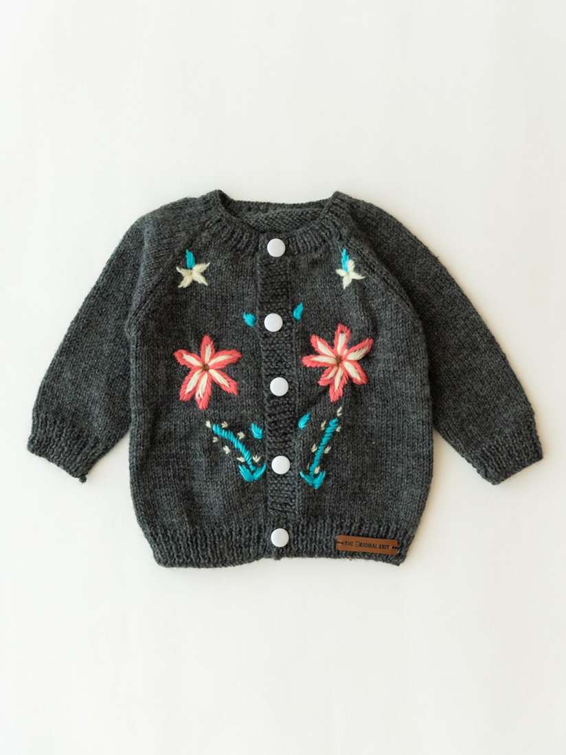 Buy The Original Knit Unisex Kids Grey Blue Floral Cardigan