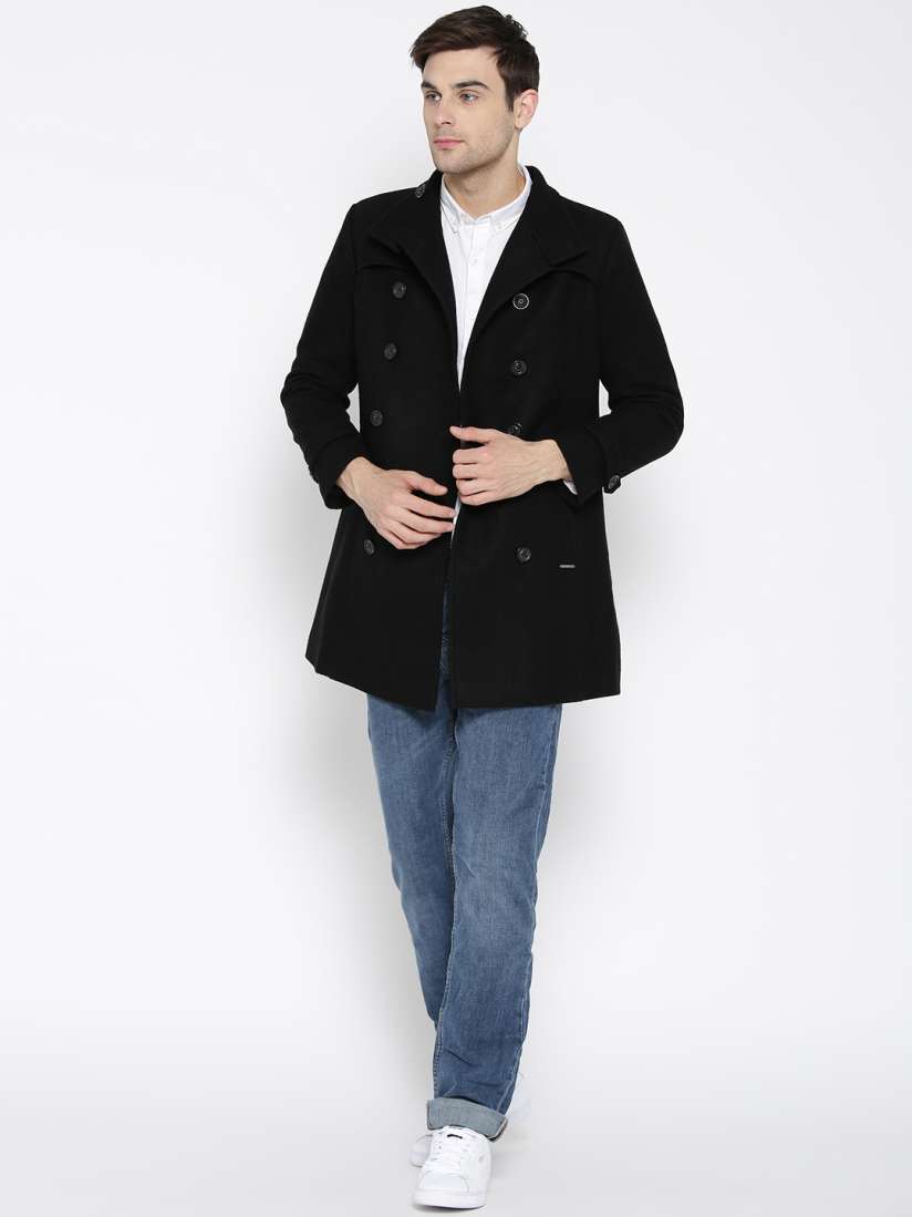Mens black double breasted pea coat best sale