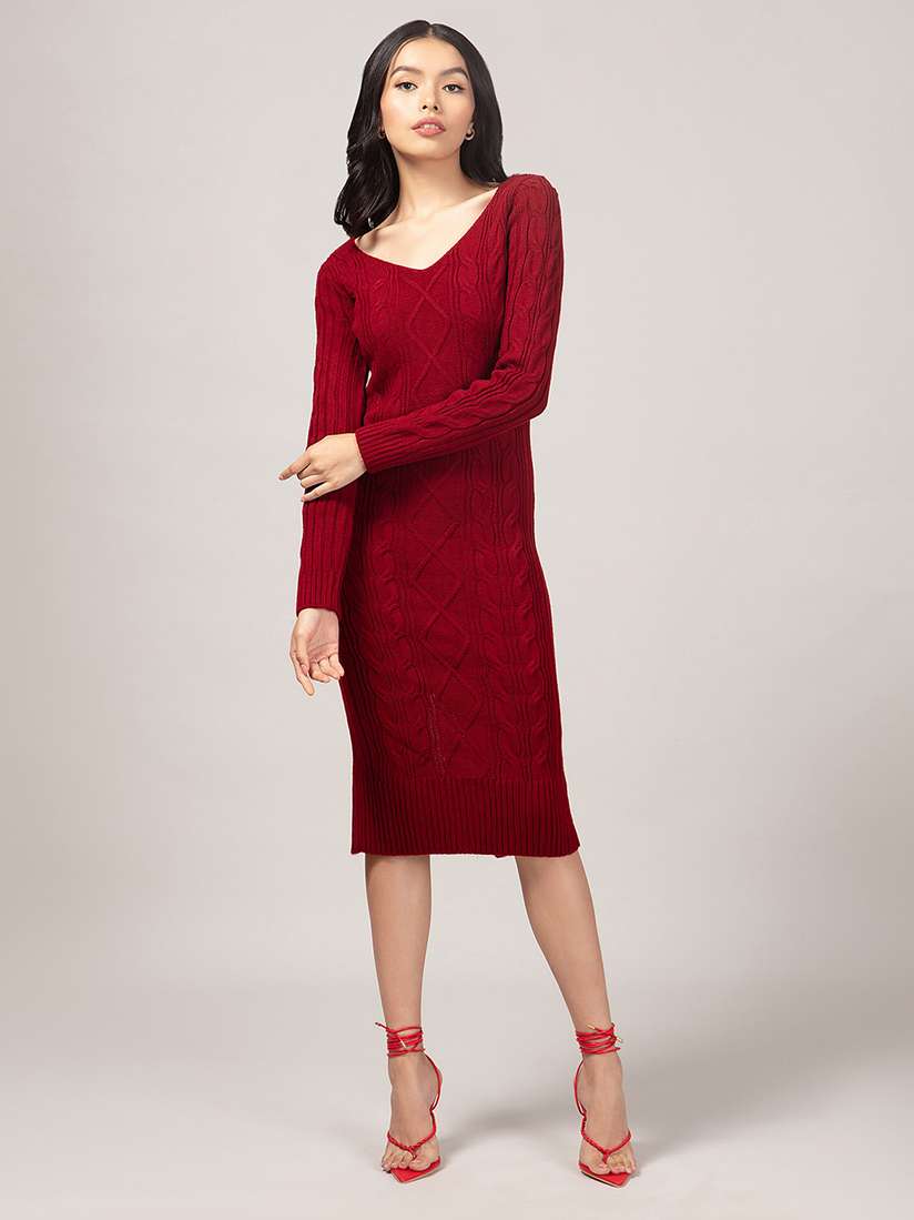 Knit Dress V Neck Midi Bodycon Dress 20Dresses Maroon V Neck