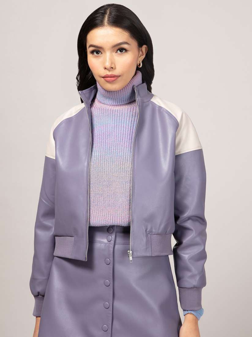 Buy 20Dresses Women Lavender Off White Colourblocked Crop Leather Jacket Jackets for Women 20136774 Myntra
