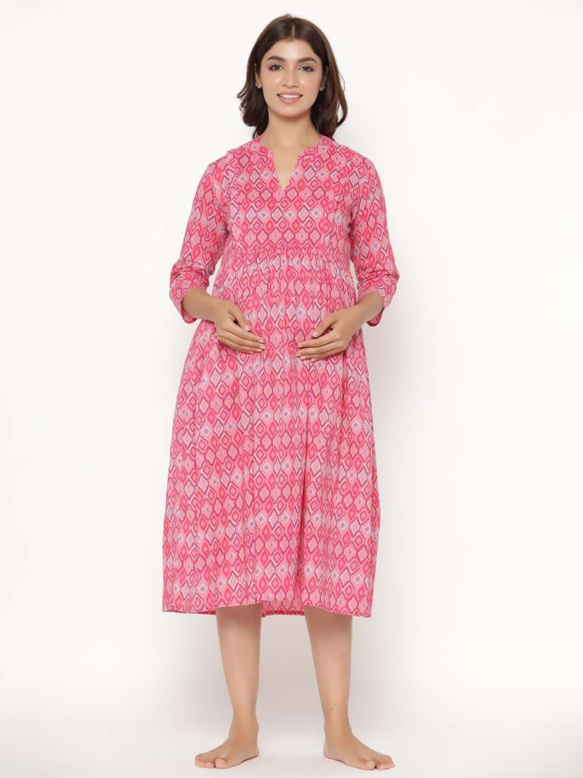 Buy CRAFIQA Pink Printed Cotton Maternity Nursing A Line Midi Dress Dresses for Women 20137002 Myntra
