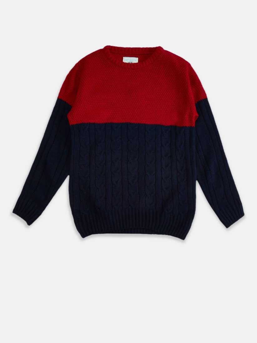 Buy Pantaloons Junior Boys Red Navy Blue Cable Knit Colourblocked Pullover Sweater Sweaters for Boys 20138588 Myntra