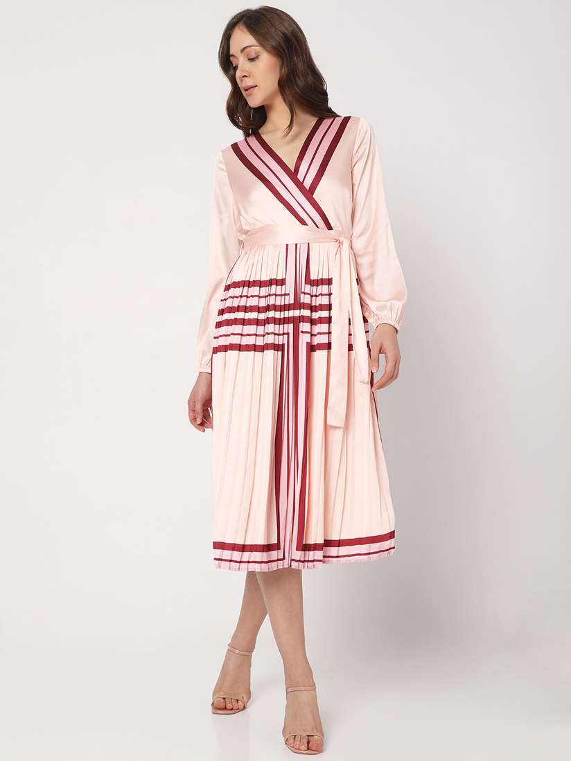 Buy Vero Moda Women Pink Maroon Striped V-Neck Midi Dress - Main Image