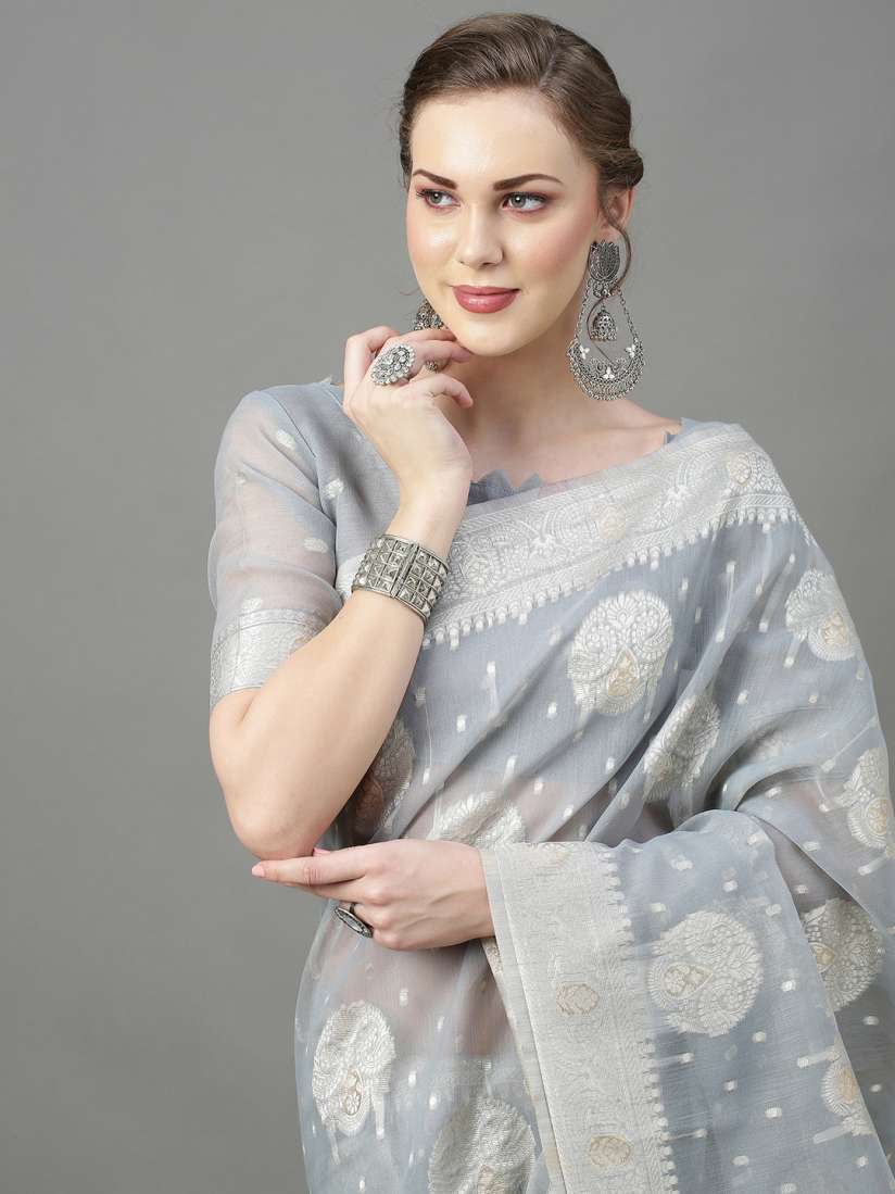 Buy Mitera Grey Silver Toned Woven Design Zari Silk Cotton Saree Sarees for Women 20149284 Myntra