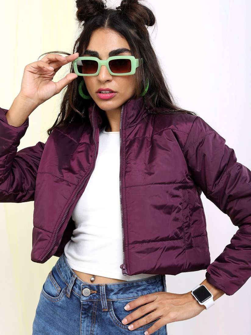 Burgundy cropped puffer jacket hotsell