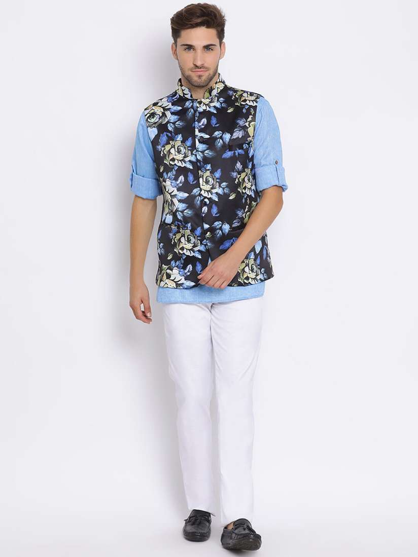 Buy Hangup Men Blue Printed Kurta with Pyjamas Nehru Jacket Set Kurta Sets for Men 20157366 Myntra