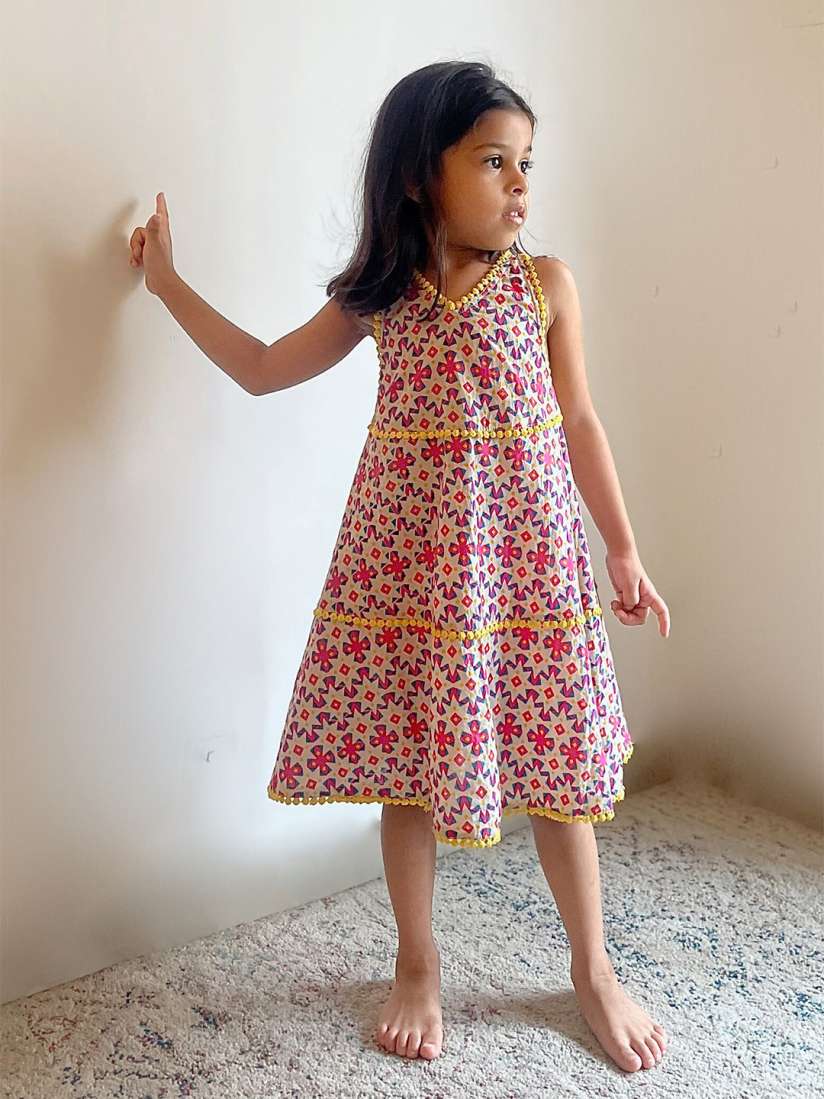 Buy charkhee Girls Beige Blue Floral Layered A Line Cotton Dress Dresses for Girls 20182334 Myntra