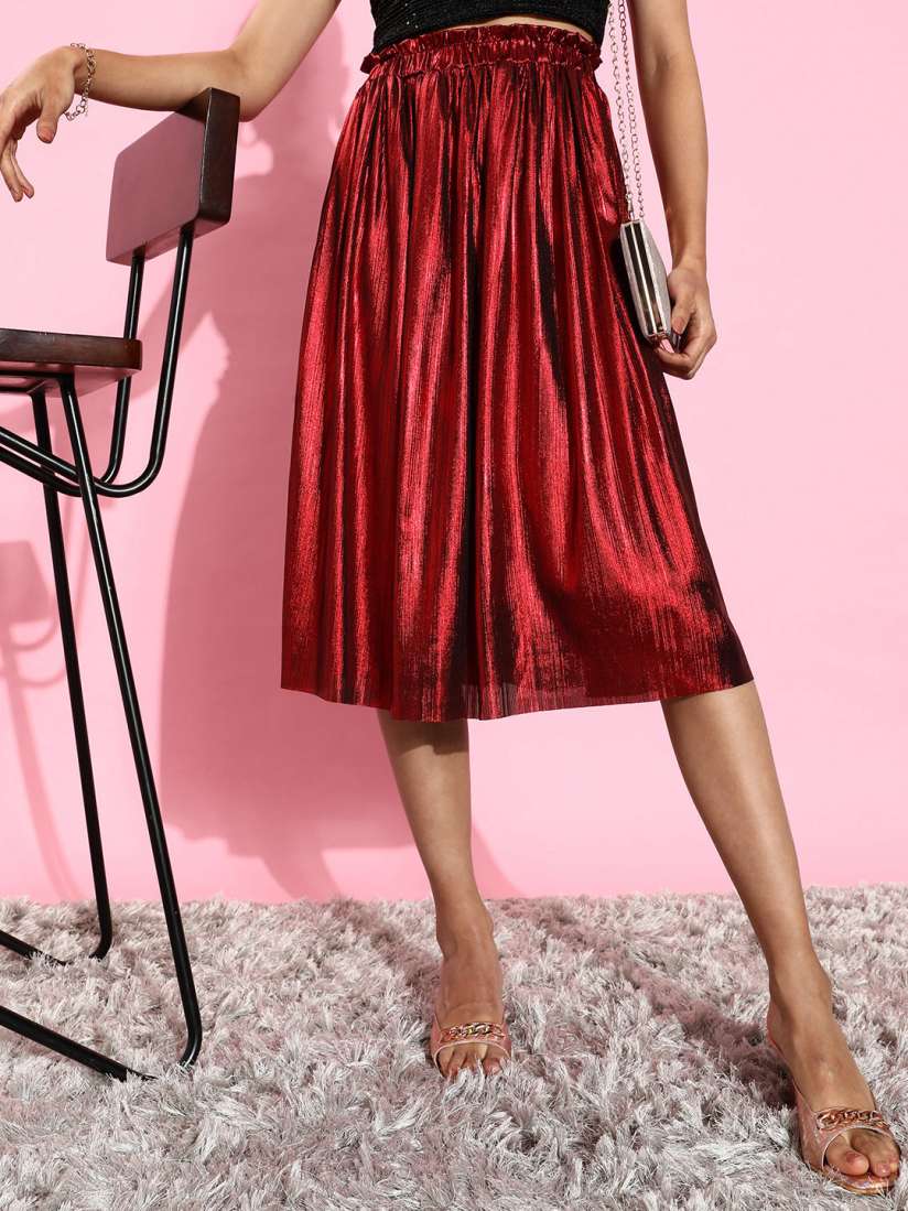 Red metallic pleated midi skirt top