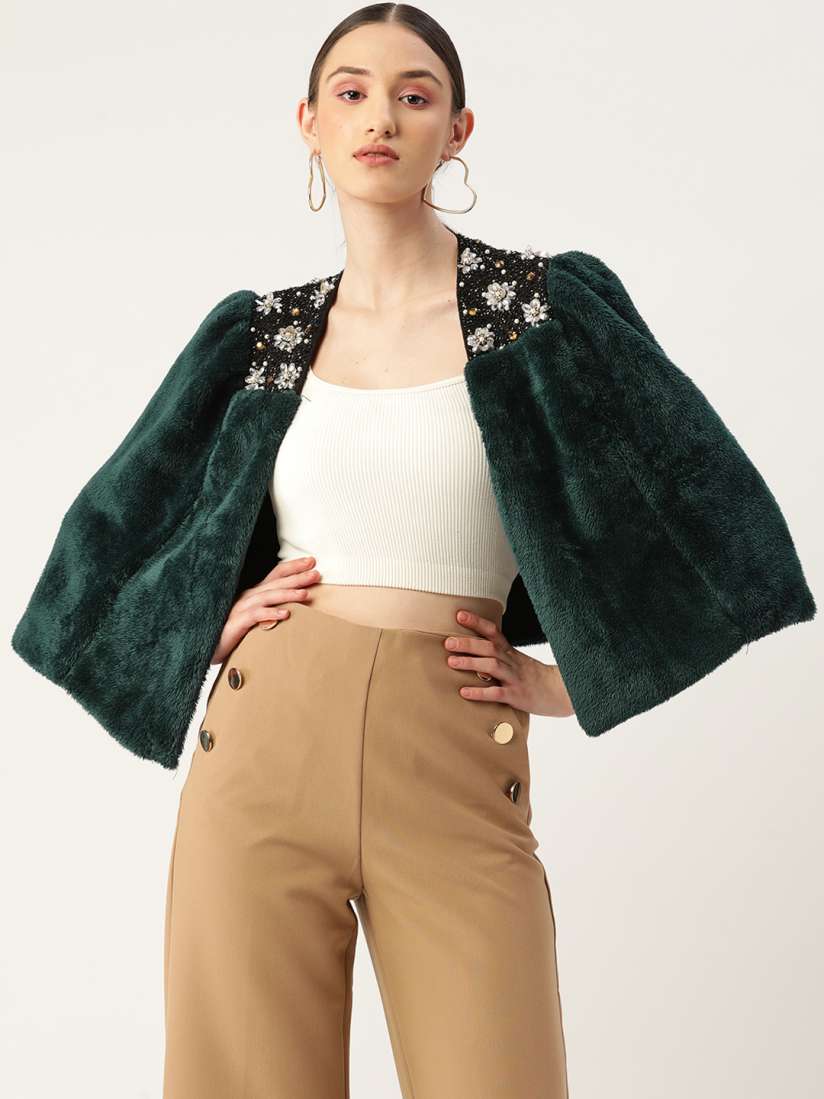 Buy Antheaa Women Teal Green Embellished Faux Fur Trim Cape Jacket Jackets for Women 20234250 Myntra