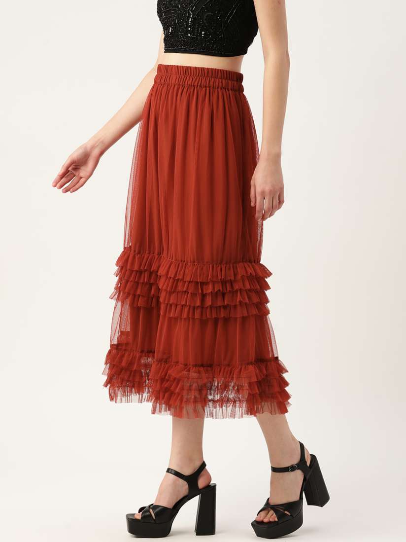 Buy Antheaa Women Rust Red Solid Frill Midi A Line Skirt Skirts for Women 20234256 Myntra