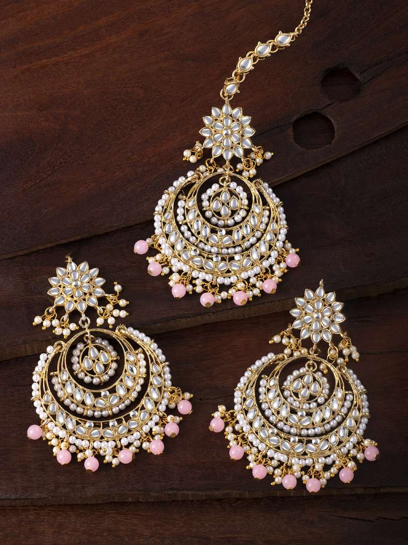 Buy Peora Pink White Gold Plated Kundan Beads Studded Earrings Maang Tikka Jewellery Set Jewellery Set for Women 20238194 Myntra