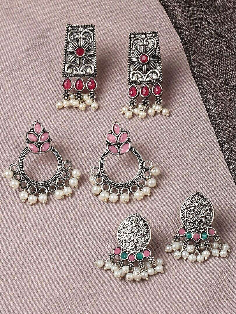 OOMPH Silver-Toned & Red Floral Set Of 3 Jhumkas Earrings